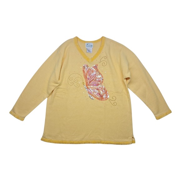 NWT Quacker Factory Sweater Womens 1X Yellow Butterfly Sequin Beaded Sparkle Y2K - Picture 1 of 12